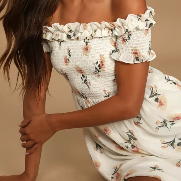 Lulu's White smocked Ruffled Off-Shoulder Maxi Dress floral romantic boho - Picture 3 of 11